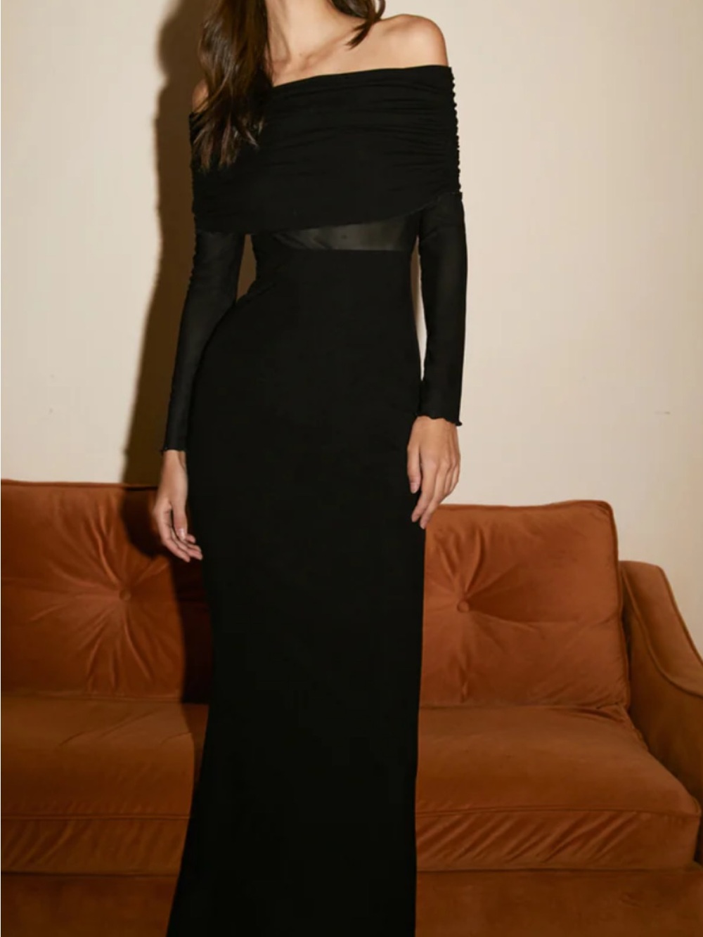 Commense Semi-Sheer Off-Shoulder Mesh Long Sleeve Long Dress